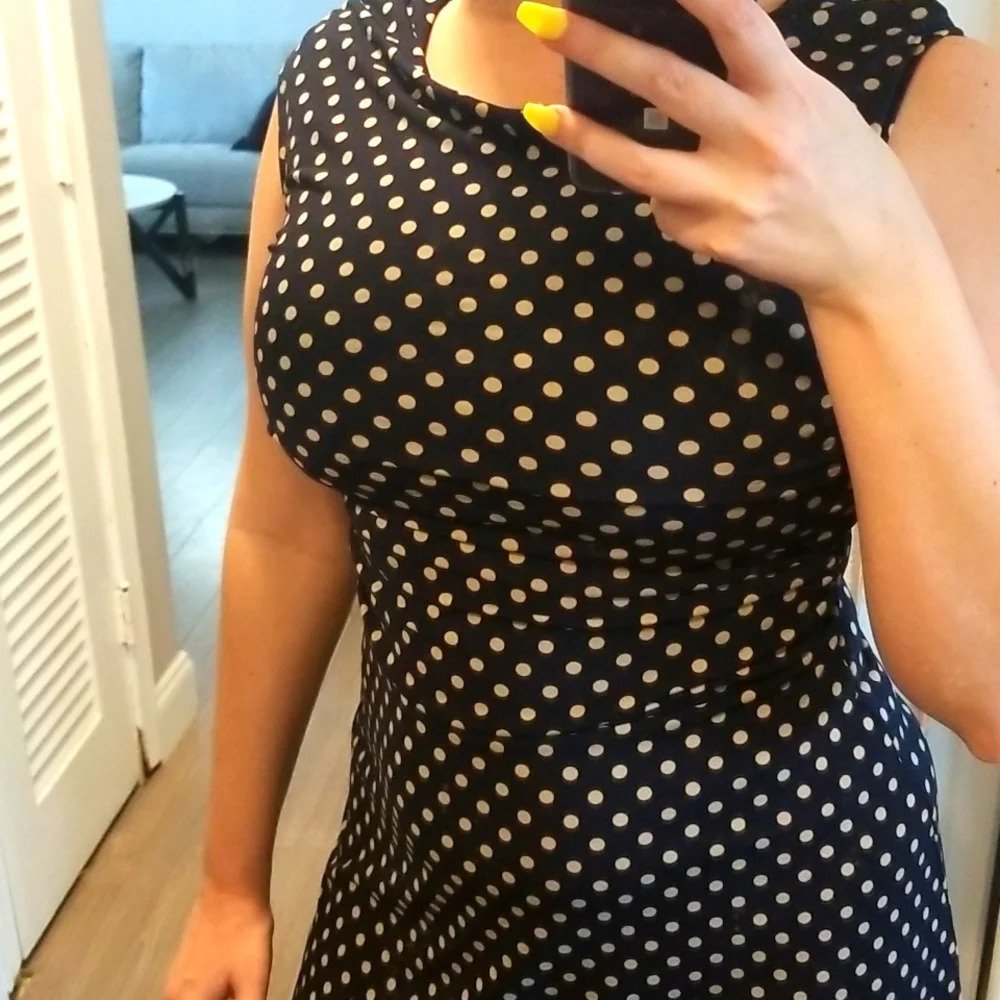 Enfocus Studio 4P Navy Blue and Khaki polka dot fit-to-flare dress. - Picture 2 of 8